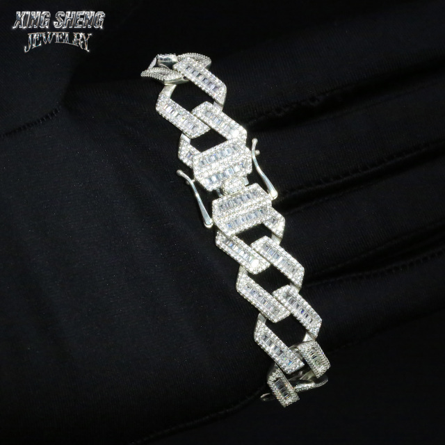Customized Top Quality Sterling Silver 17MM VVS D Color baguette Shape Moissanite with GRA thin Cuban Link Chain for Men's Rapper Life