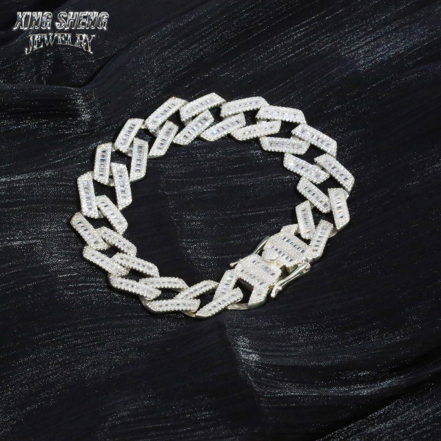 Customized Top Quality Sterling Silver 17MM VVS D Color baguette Shape Moissanite with GRA thin Cuban Link Chain for Men's Rapper Life