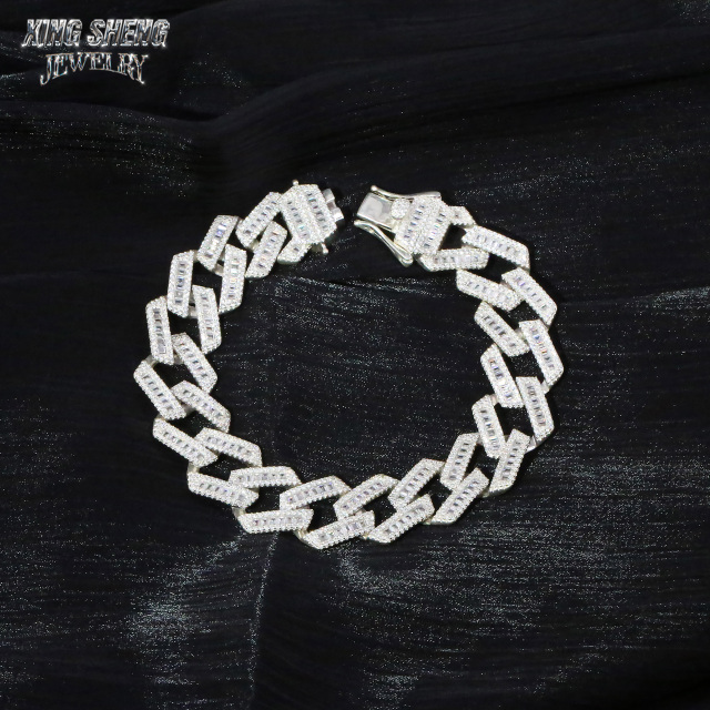 Customized Top Quality Sterling Silver 17MM VVS D Color baguette Shape Moissanite with GRA thin Cuban Link Chain for Men's Rapper Life