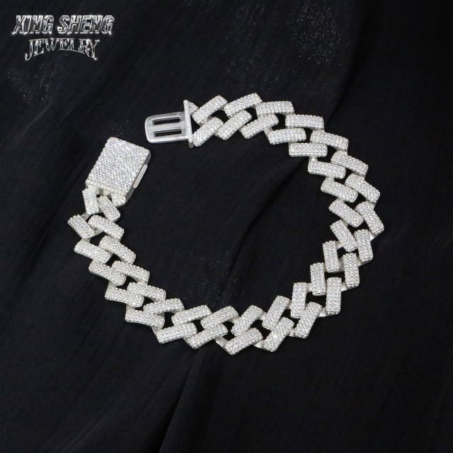 Wholesale 3Rows 14mm Iced Out Diamond 925 Silver VVS D Moissanite Miami Cuban Link Chain Necklace Hip Hop Moissanite Jewelry