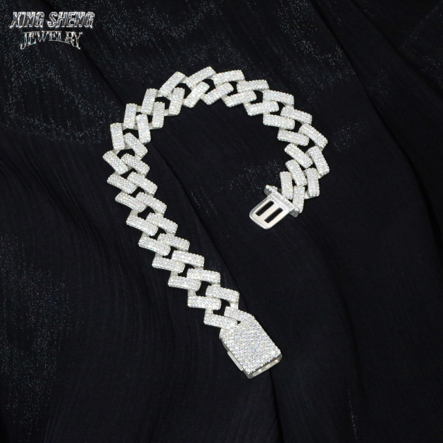 Wholesale 3Rows 14mm Iced Out Diamond 925 Silver VVS D Moissanite Miami Cuban Link Chain Necklace Hip Hop Moissanite Jewelry