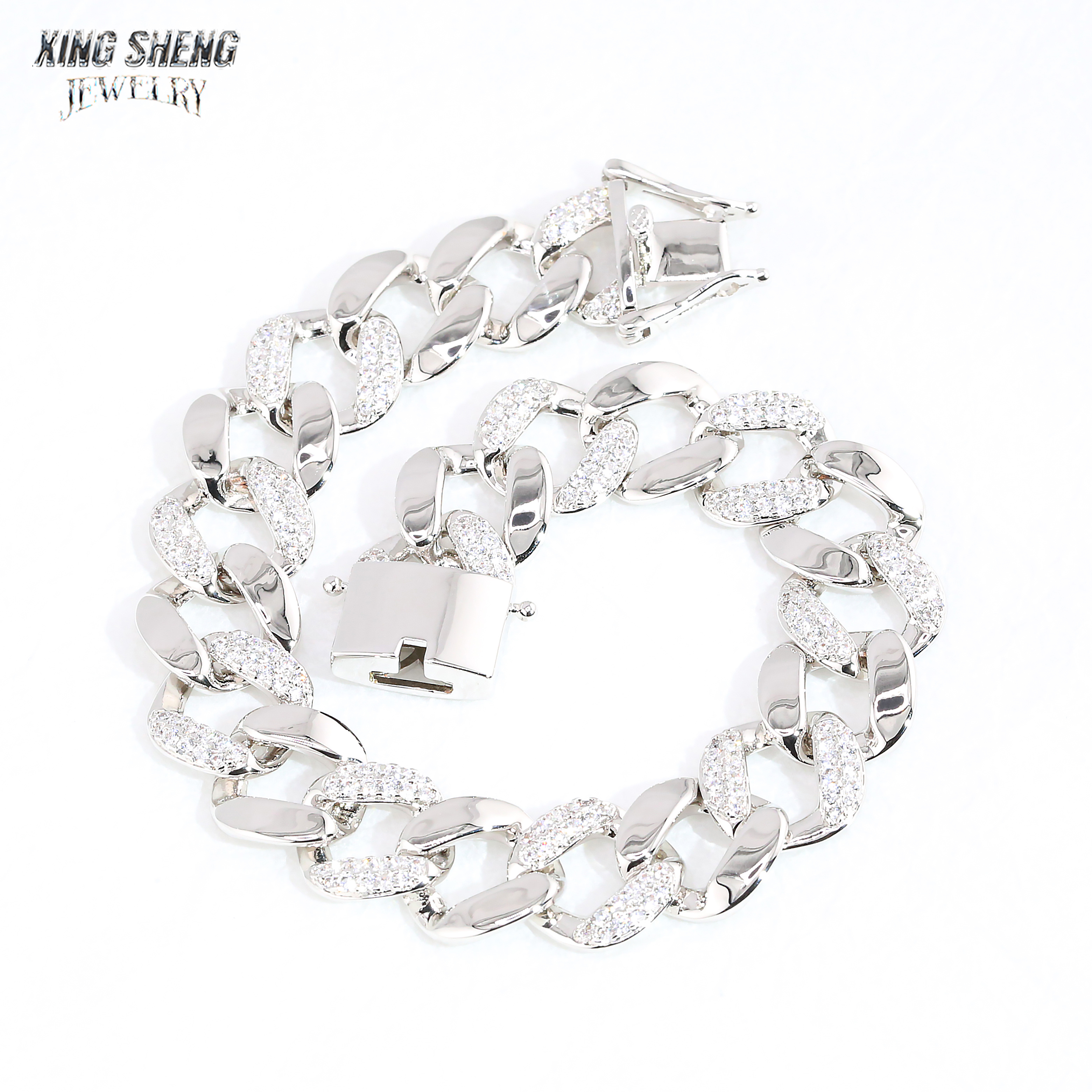 Fashion Stylish New Arrivals 13mm Jewelry Hip Hop S925 Moissanite Diamond Moon Shape Cuban Link Bracelet Men