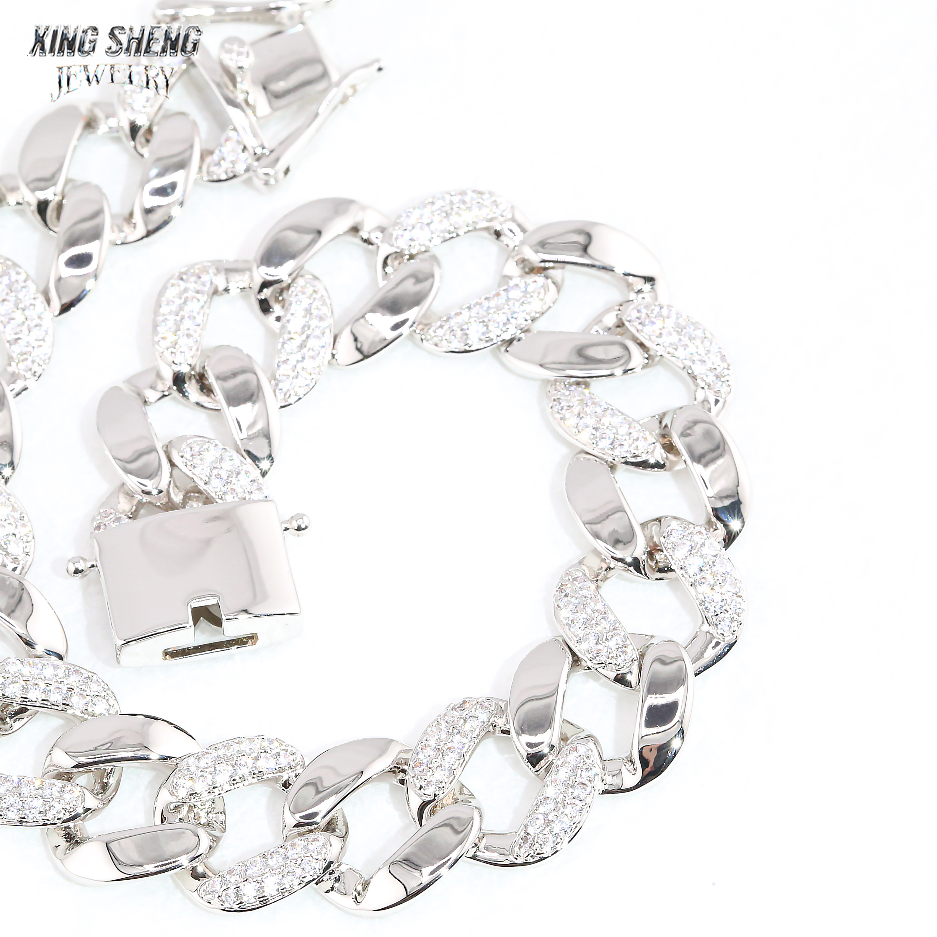 Fashion Stylish New Arrivals 13mm Jewelry Hip Hop S925 Moissanite Diamond Moon Shape Cuban Link Bracelet Men