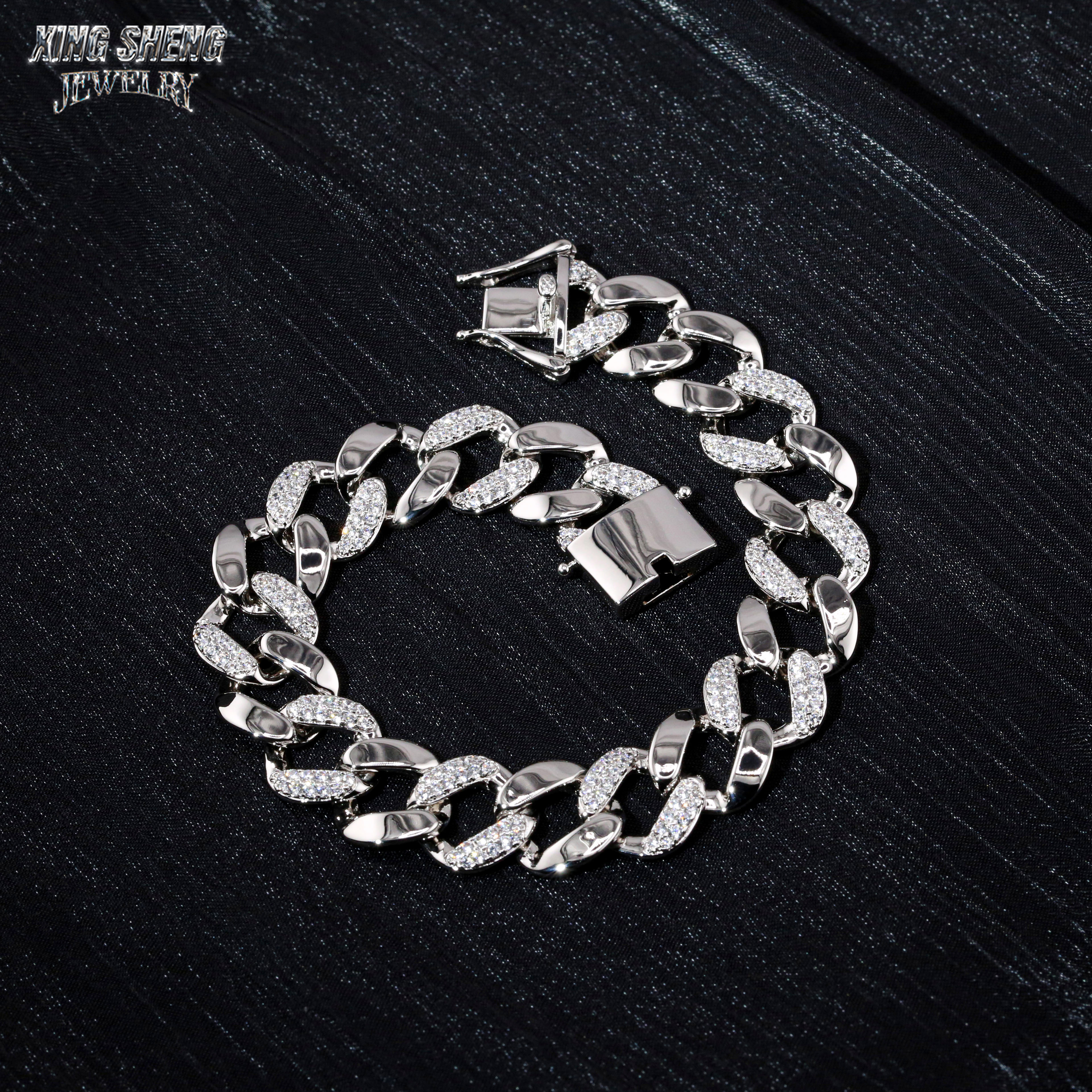 Fashion Stylish New Arrivals 13mm Jewelry Hip Hop S925 Moissanite Diamond Moon Shape Cuban Link Bracelet Men