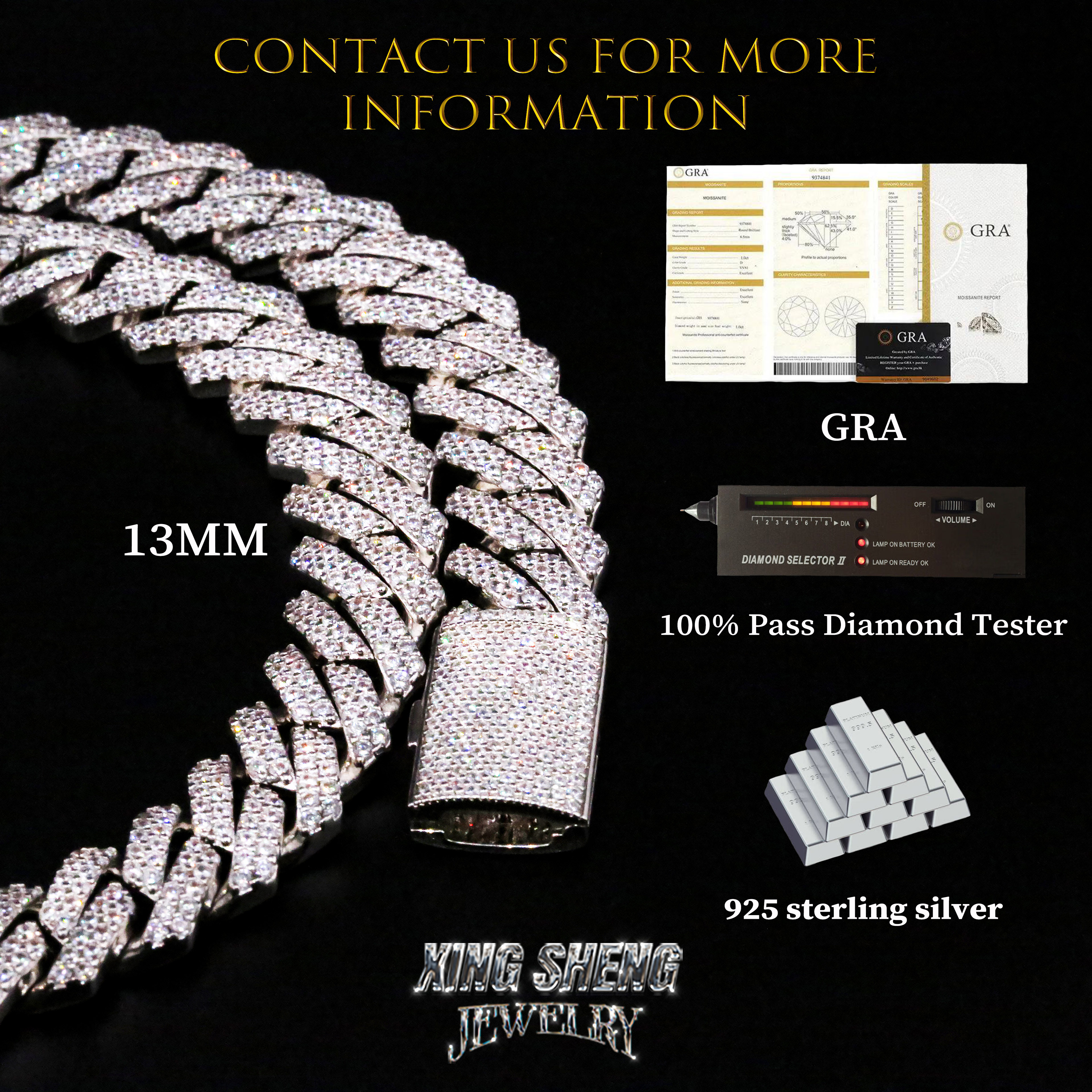 Hot Sale Hiphop Rapper 925 Sterling Silver Hand Setting Iced Out VVS1 Moissanite Diamond Cuban Link Chain