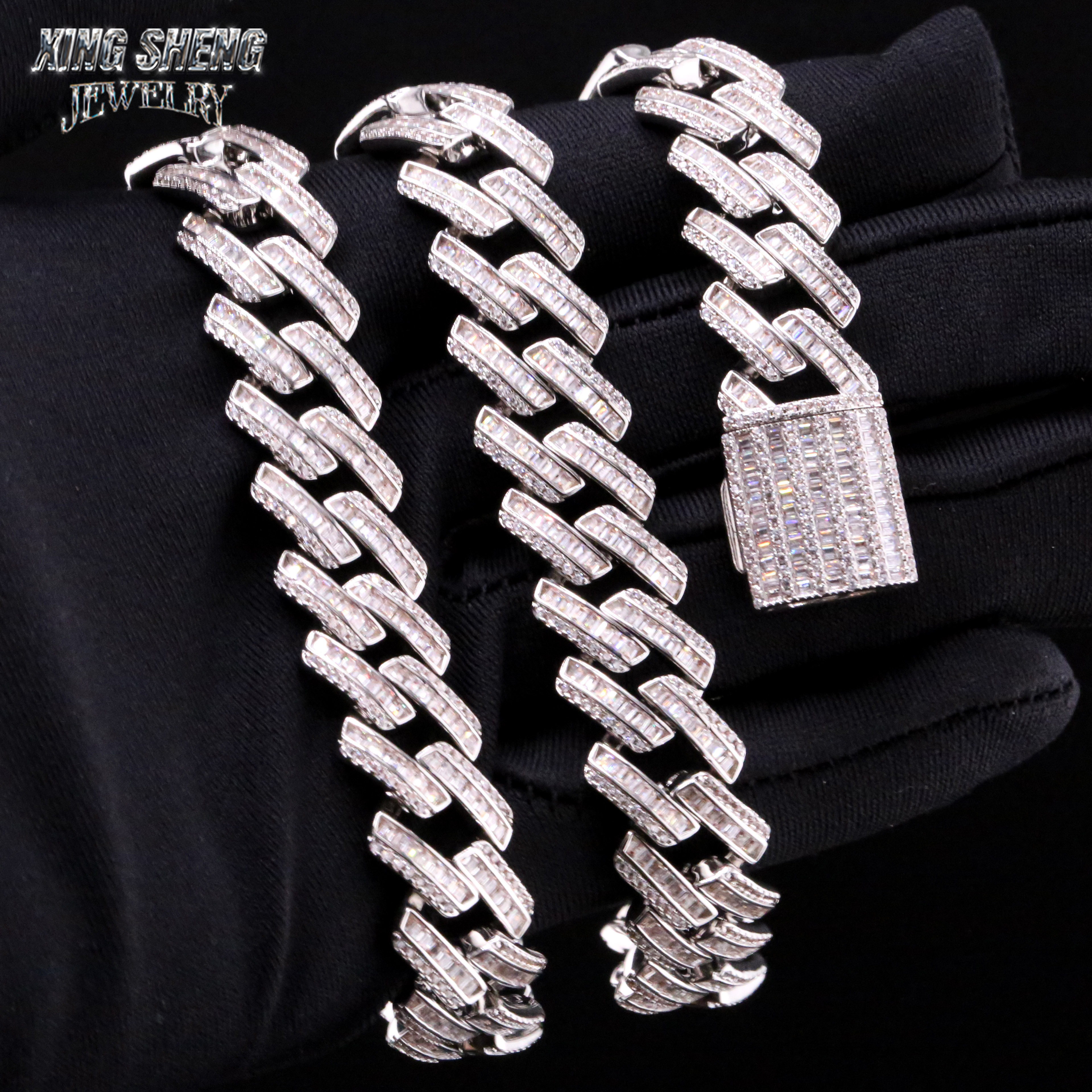 GRA Certified Men Jewelry Necklace Pass Diamond Tester 925 Sterling Silver 15MM Baguette VVS Moissanite Iced Out Cuban Link Chain