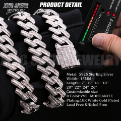 GRA Certified Men Jewelry Necklace Pass Diamond Tester 925 Sterling Silver 15MM Baguette VVS Moissanite Iced Out Cuban Link Chain