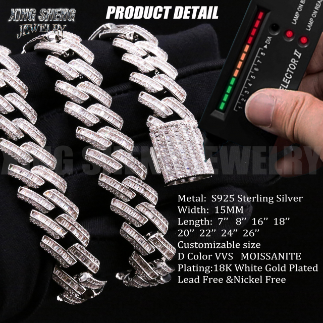 GRA Certified Men Jewelry Necklace Pass Diamond Tester 925 Sterling Silver 15MM Baguette VVS Moissanite Iced Out Cuban Link Chain