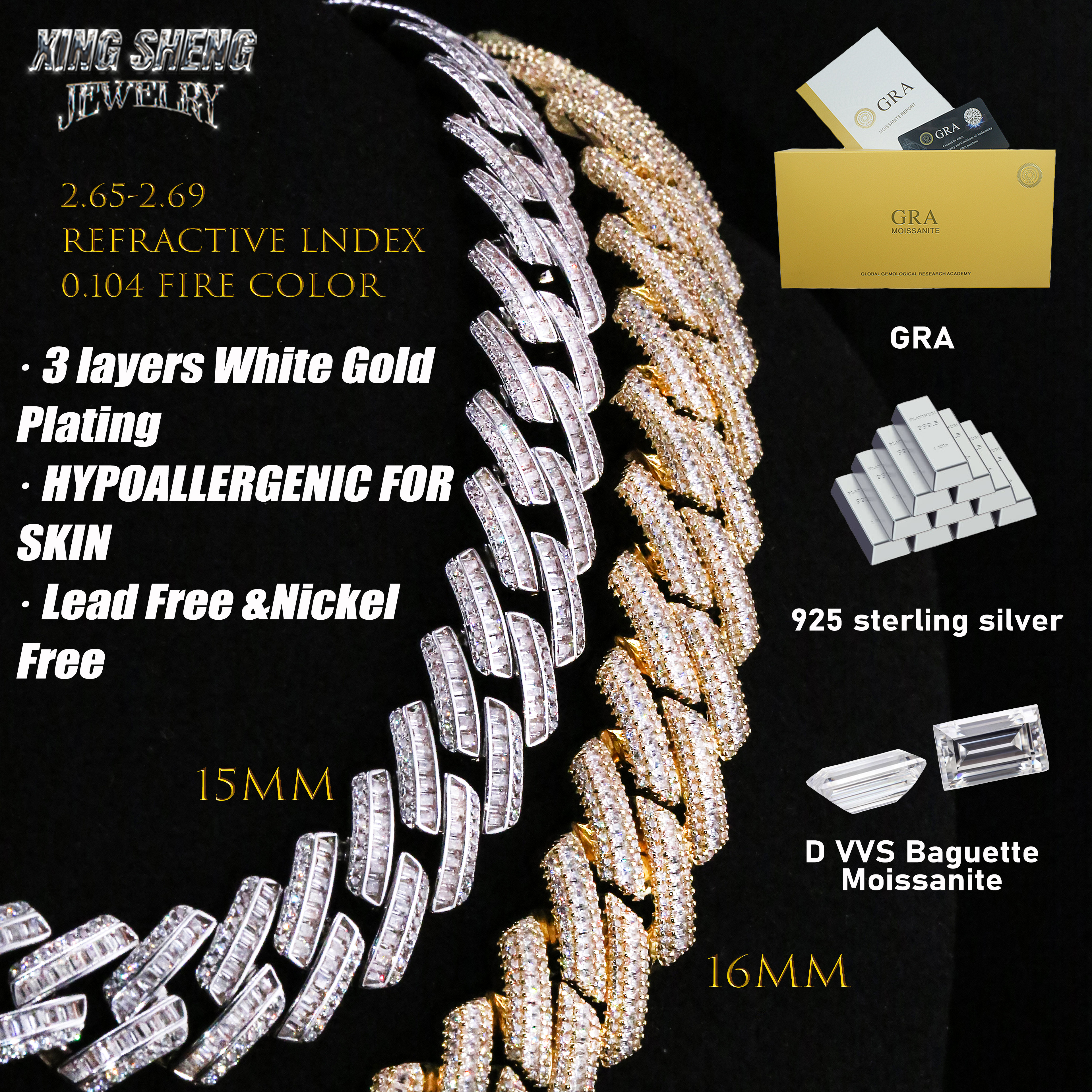 GRA Certified Men Jewelry Necklace Pass Diamond Tester 925 Sterling Silver 15MM Baguette VVS Moissanite Iced Out Cuban Link Chain