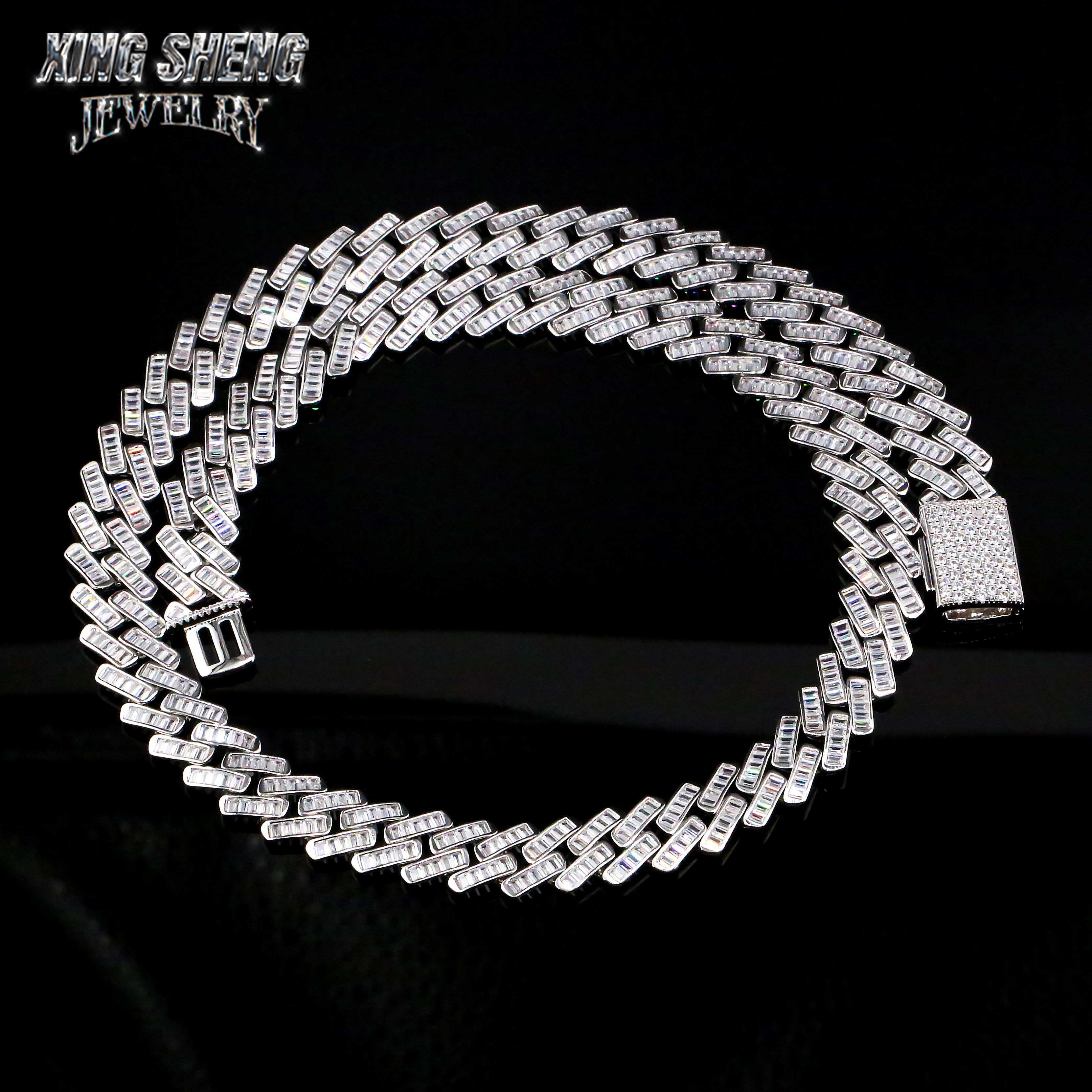 New Designs Pass Diamond Tester Hip Hop Jewelry 925 Silver Iced Out Pass Diamond Tester Baguette 13MM D VVS Moissanite Cuban Link Chain