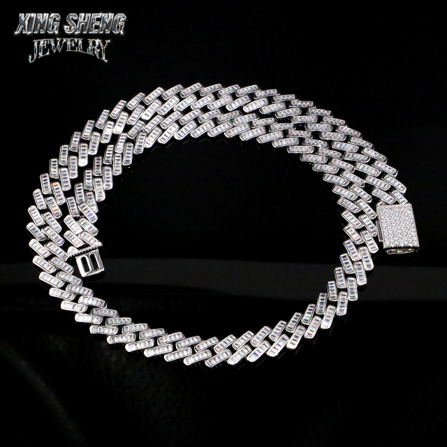 New Designs Pass Diamond Tester Hip Hop Jewelry 925 Silver Iced Out Pass Diamond Tester Baguette 13MM D VVS Moissanite Cuban Link Chain