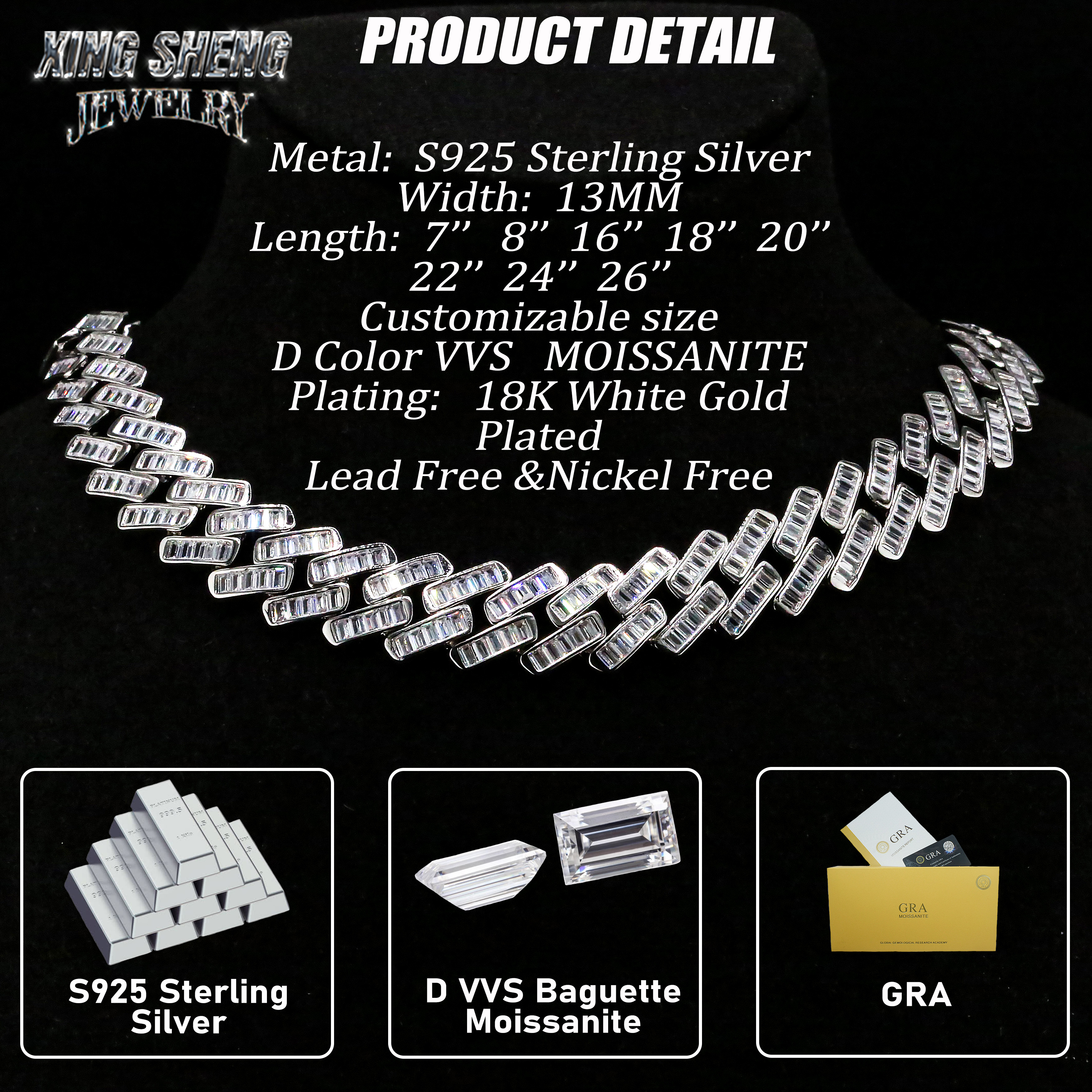 New Designs Pass Diamond Tester Hip Hop Jewelry 925 Silver Iced Out Pass Diamond Tester Baguette 13MM D VVS Moissanite Cuban Link Chain