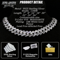 New Designs Pass Diamond Tester Hip Hop Jewelry 925 Silver Iced Out Pass Diamond Tester Baguette 13MM D VVS Moissanite Cuban Link Chain