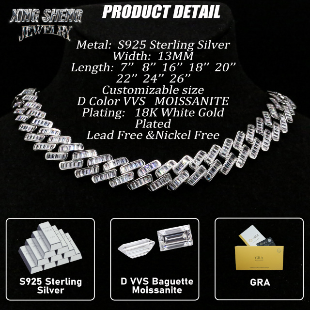 New Designs Pass Diamond Tester Hip Hop Jewelry 925 Silver Iced Out Pass Diamond Tester Baguette 13MM D VVS Moissanite Cuban Link Chain