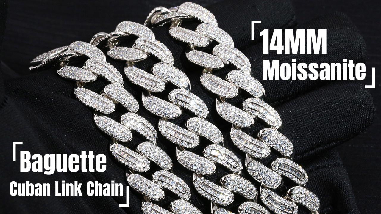 14MM Iced Out Baguette & Round Cut Moissanite Cuban Link Chain | VVS D-Color S925 Silver Passes Diamond Tester