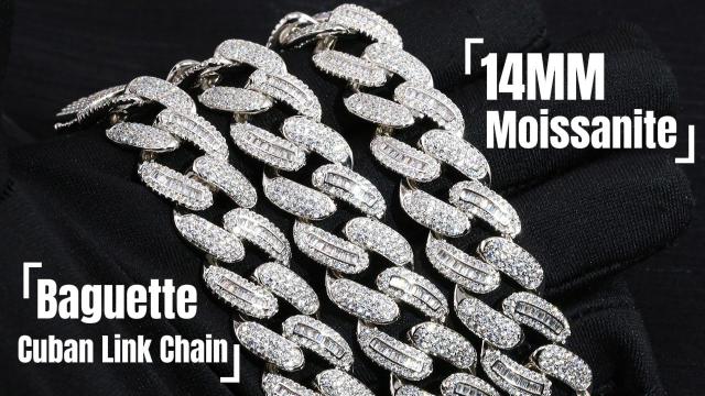 14MM Iced Out Baguette & Round Cut Moissanite Cuban Link Chain | VVS D-Color S925 Silver Passes Diamond Tester