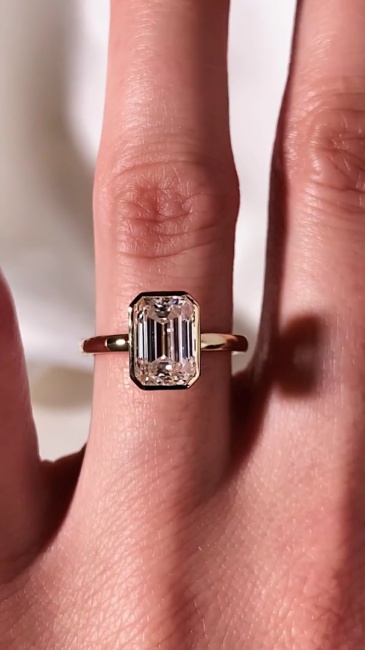 2 Carat Emerald Cut Lab Grown Diamond Bezel Ring with Hidden Halo in 14K Gold