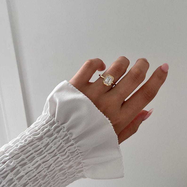 1.50 CT Emerald Cut Lab-Grown Diamond Solitaire Ring in 14K Gold | VVS2 E Color Bezel Setting | IGI Certified Custom Jewelry Gift