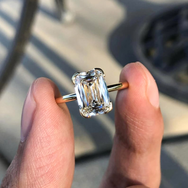 3.13ct Elongated Cushion Cut Lab Diamond Engagement Ring in 14K Gold Half Bezel Setting