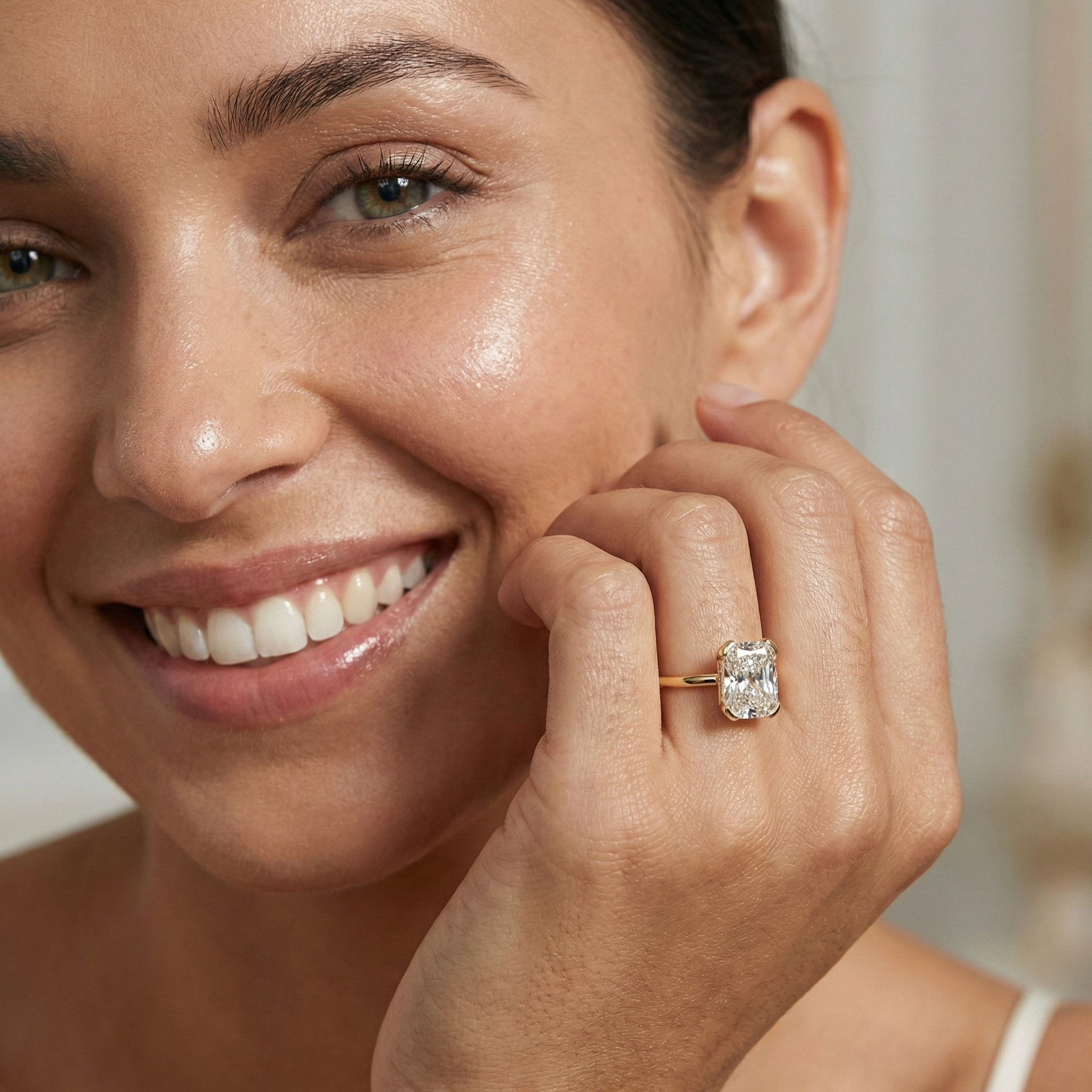 Close-up of 3.13ct Elongated Cushion Cut Lab Diamond Ring on Hand, E VVS2 Quality