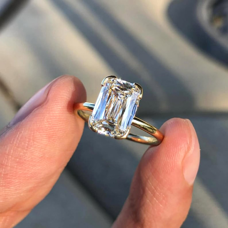 3.13ct Elongated Cushion Cut Lab Diamond Engagement Ring in 14K Gold Half Bezel Setting