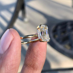 Side View of Half Bezel Lab Diamond Ring showing Hidden Pave Bridge Detail 14K Gold