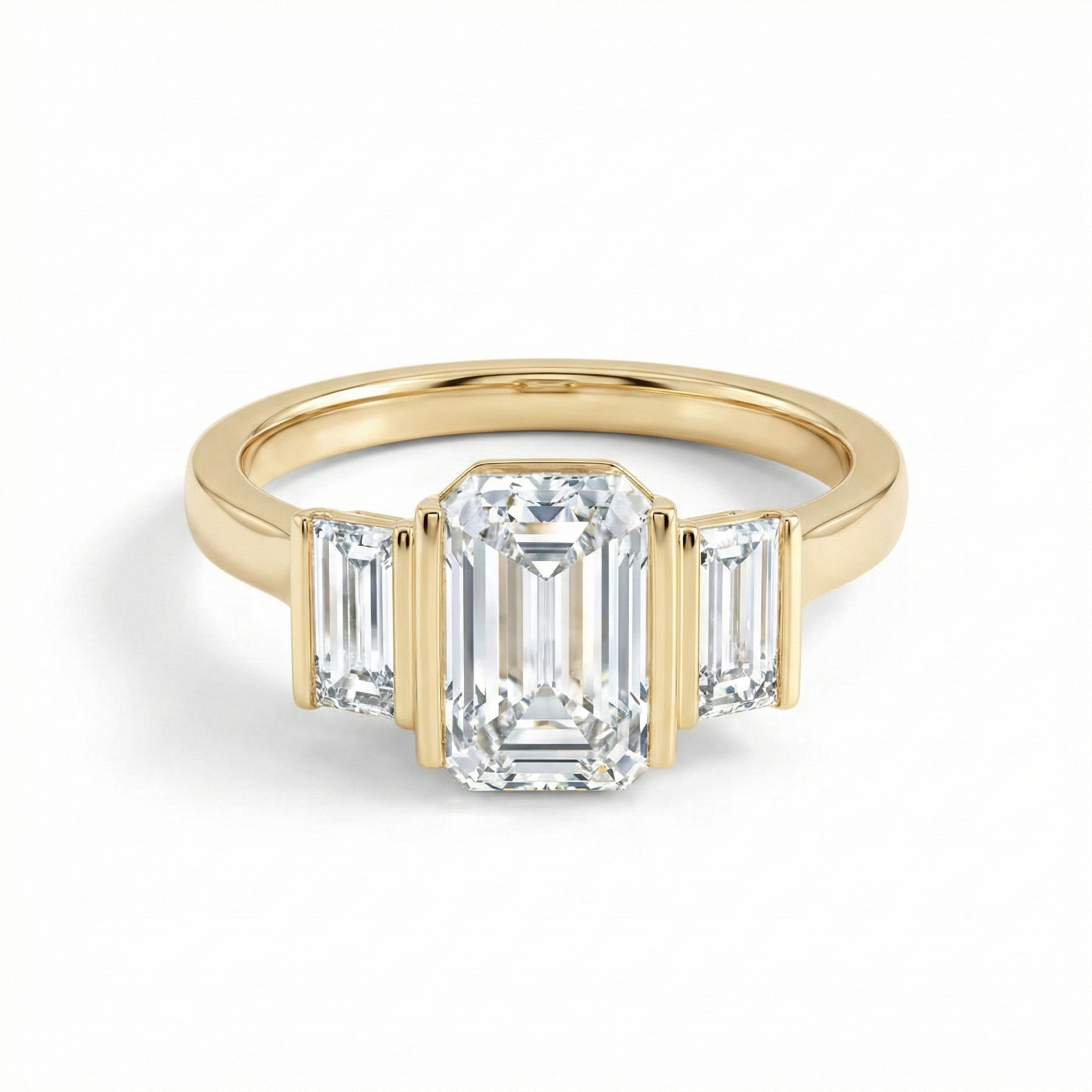 Close-up face-up view of a 1.5 carat emerald cut lab diamond, revealing the concentric rectangular step-cut facets and the hall-of-mirrors optical effect. IGI Certified E Color.