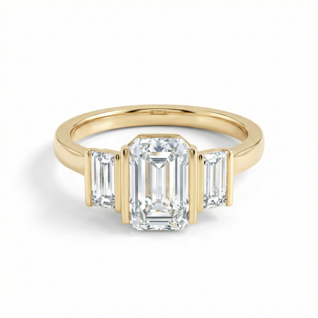 Close-up face-up view of a 1.5 carat emerald cut lab diamond, revealing the concentric rectangular step-cut facets and the hall-of-mirrors optical effect. IGI Certified E Color.