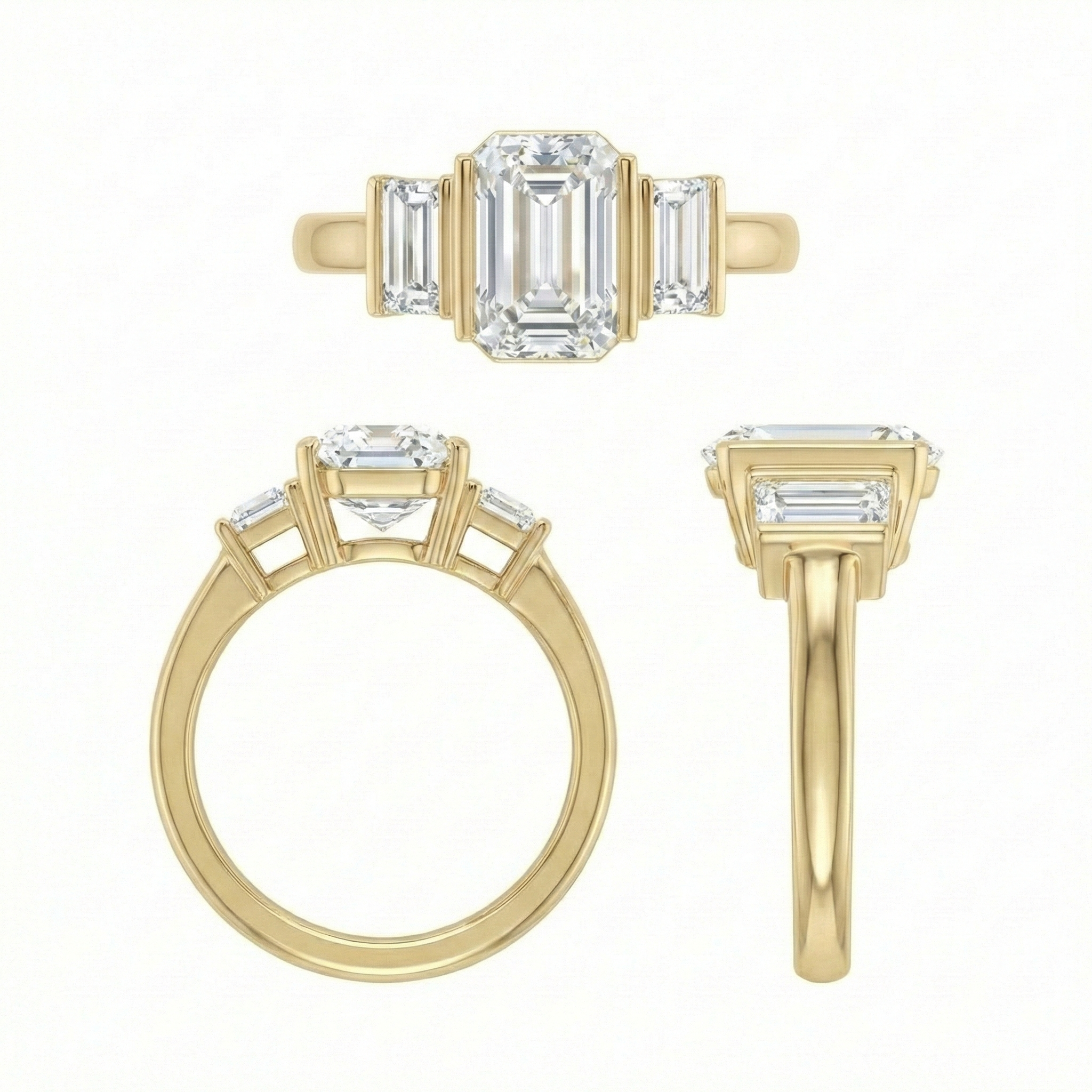 Multiple angles showing the structural profile of a three-stone engagement ring design. Top, side, and front views highlight the basket setting of the 1.5ct emerald cut center stone and tapered baguettes.