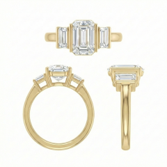 Multiple angles showing the structural profile of a three-stone engagement ring design. Top, side, and front views highlight the basket setting of the 1.5ct emerald cut center stone and tapered baguettes.