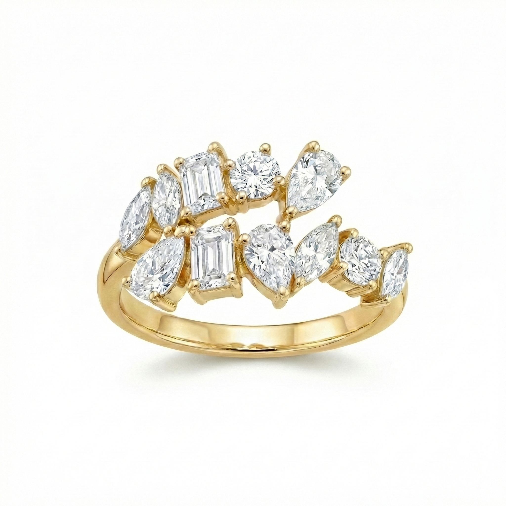 Angled view showing the asymmetrical cluster setting of a multi-shape lab diamond ring in 14k gold, highlighting the prong detailing and mixed stone arrangement.