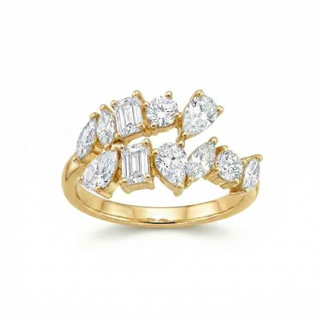 Angled view showing the asymmetrical cluster setting of a multi-shape lab diamond ring in 14k gold, highlighting the prong detailing and mixed stone arrangement.