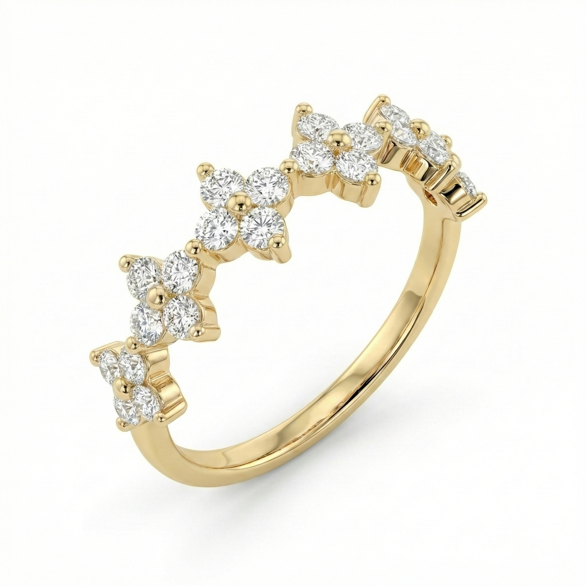 14K gold floral cluster wedding ring featuring round lab-grown diamonds, designed with a nature-inspired petal motif for a romantic bridal look.