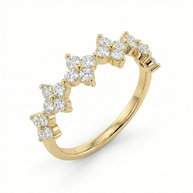 14K gold floral cluster wedding ring featuring round lab-grown diamonds, designed with a nature-inspired petal motif for a romantic bridal look.