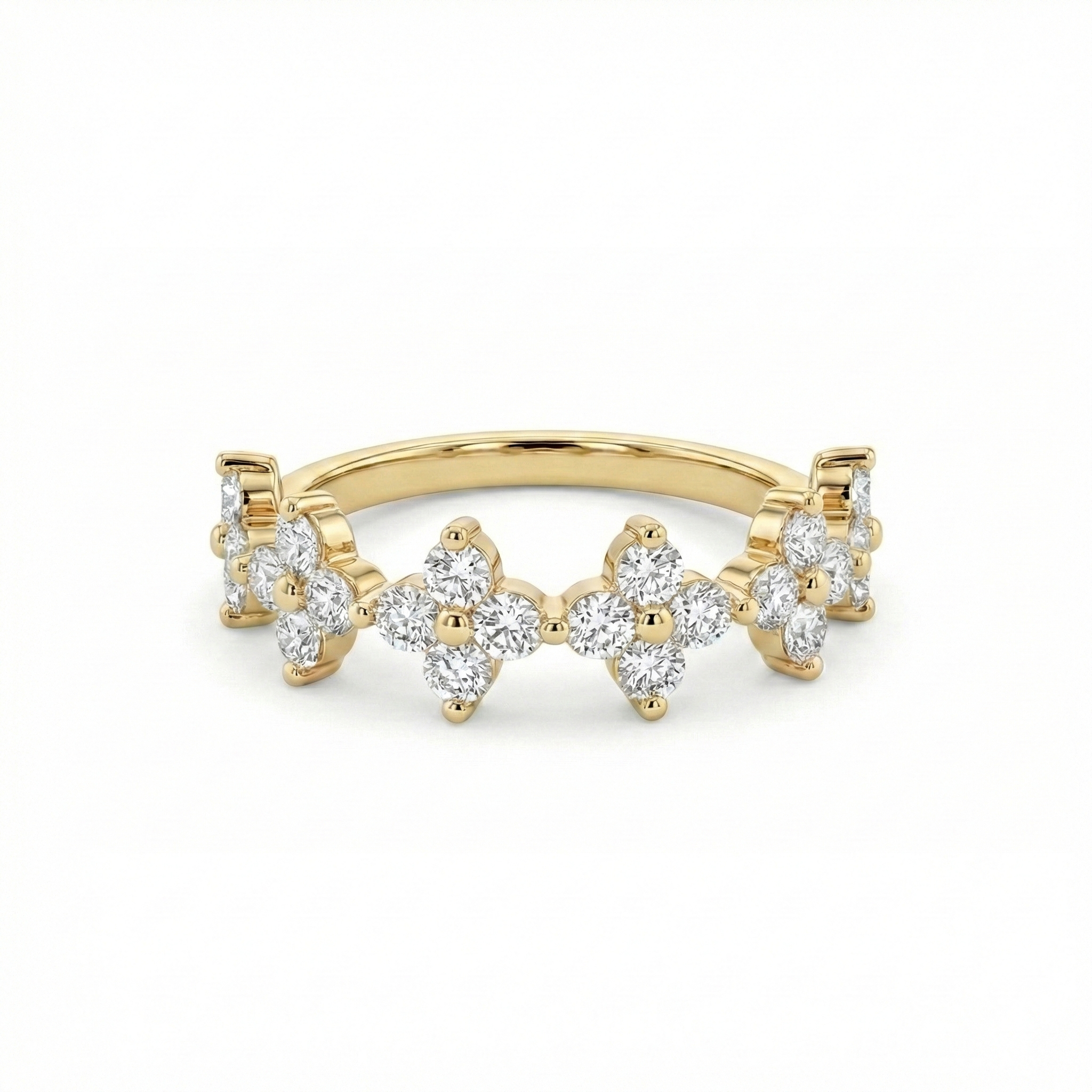 Unique 14K gold floral wedding band featuring lab-grown diamond clusters, designed as a stackable nature-inspired ring.