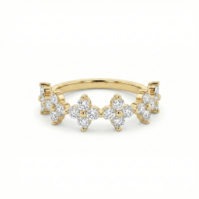 Unique 14K gold floral wedding band featuring lab-grown diamond clusters, designed as a stackable nature-inspired ring.