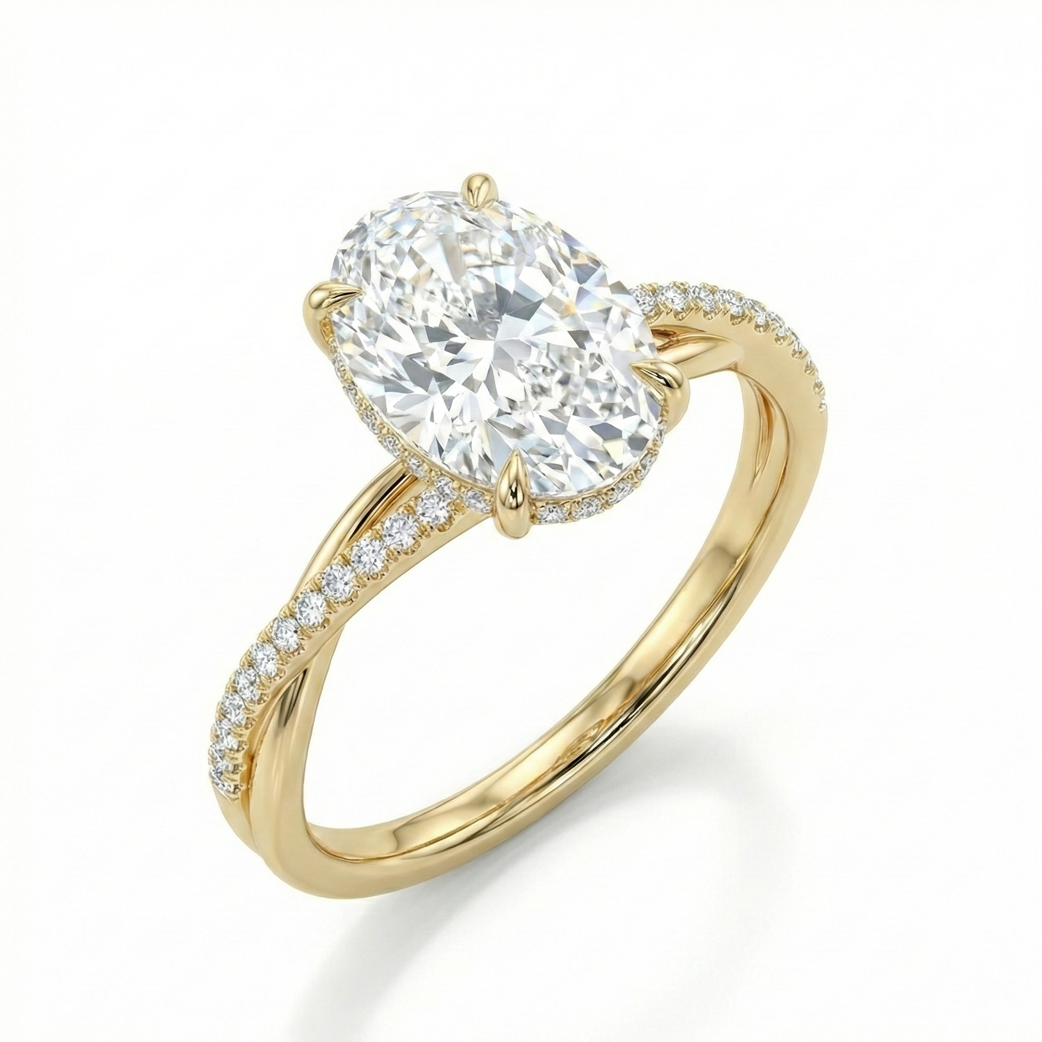 2.5 Carat Oval Lab Grown Diamond Engagement Ring with Twisted Pavé Band in 14K Gold