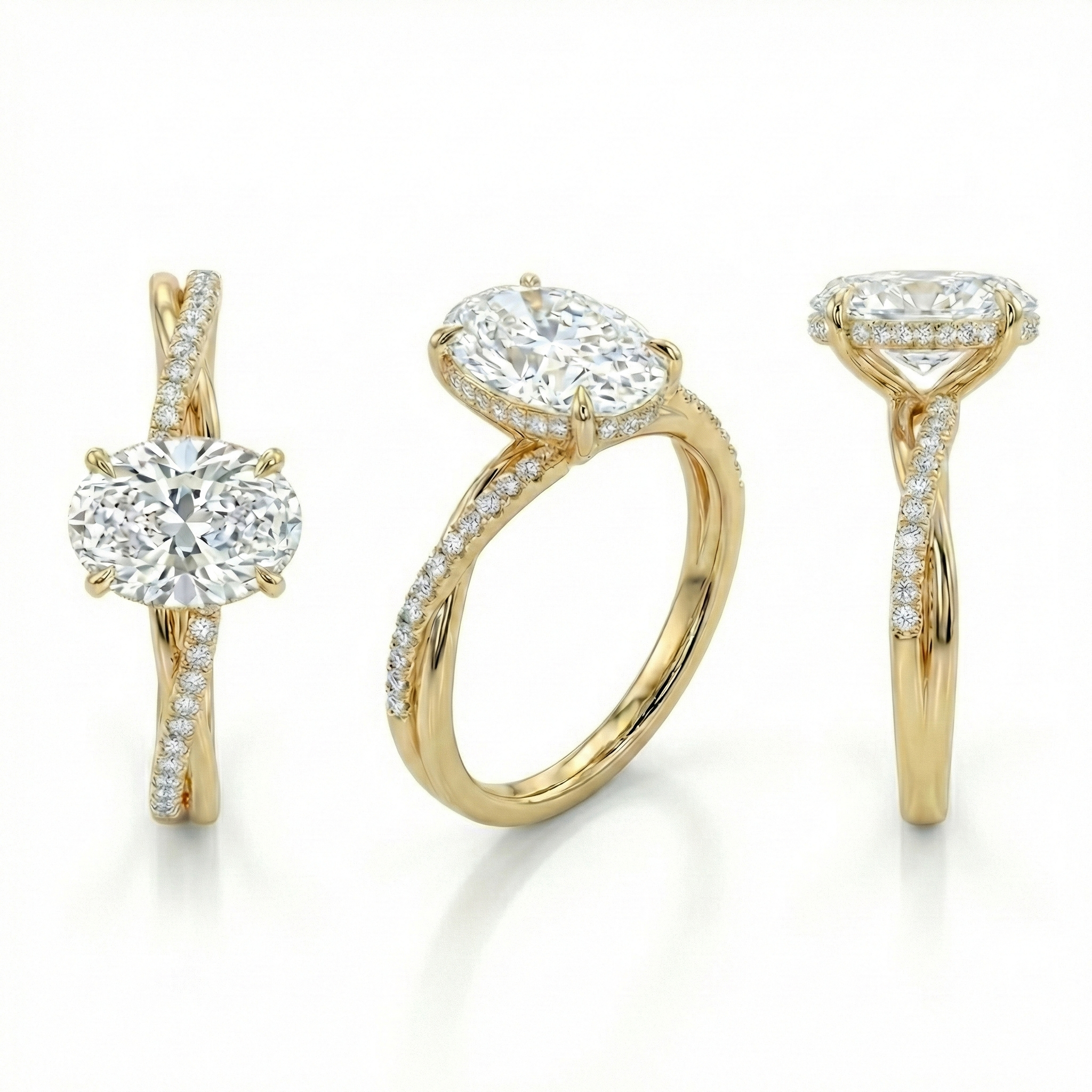 3-angle view of Oval Diamond Ring showing hidden halo detail and twisted infinity shank structure