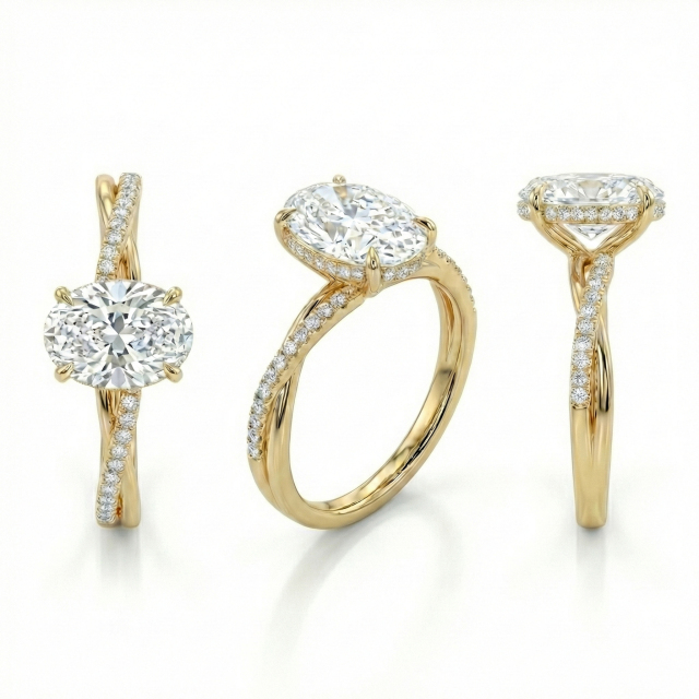 3-angle view of Oval Diamond Ring showing hidden halo detail and twisted infinity shank structure