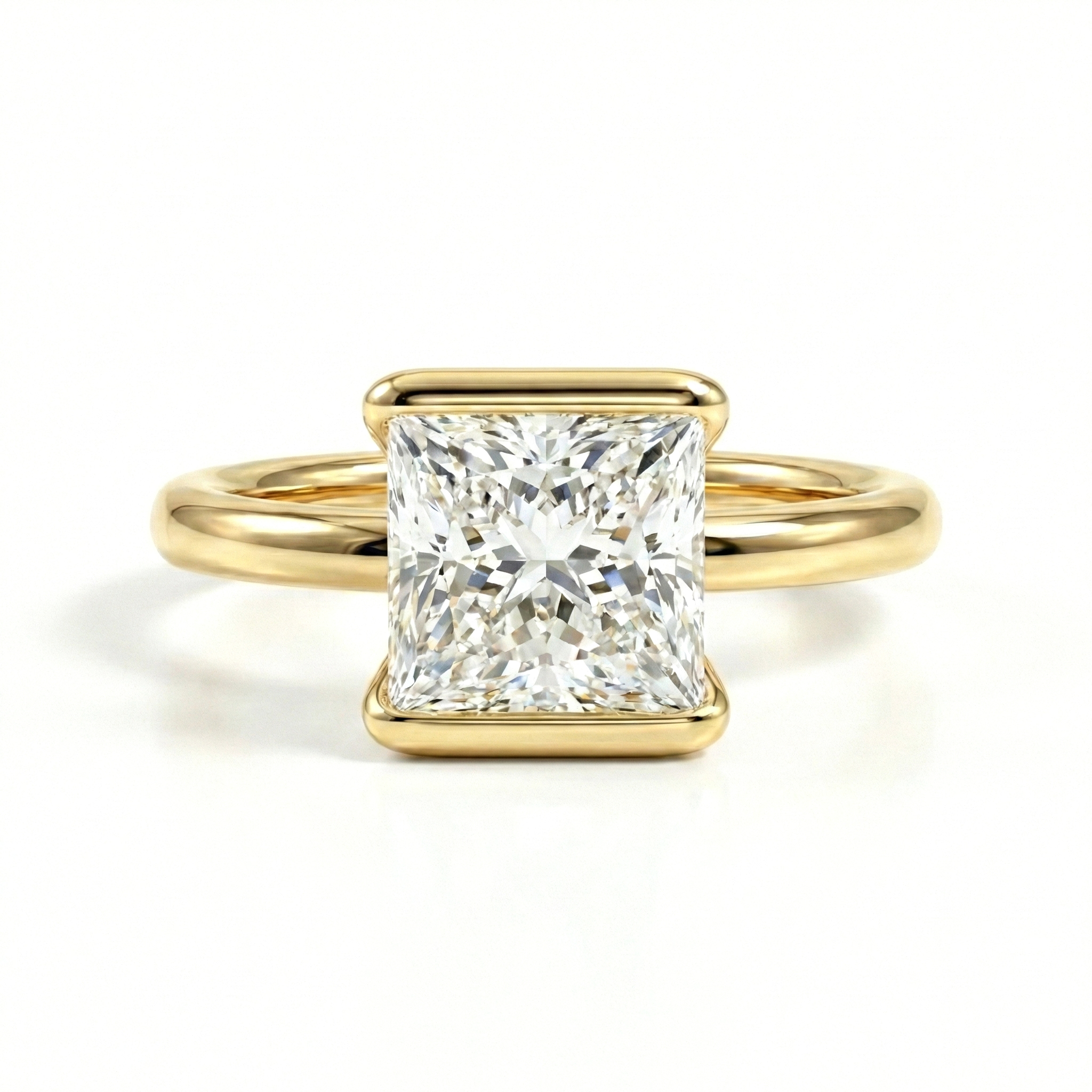1.02 Carat Princess Cut Lab Diamond Ring in 14K Gold Half Bezel Solitaire Setting Front View