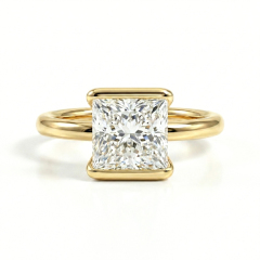 1.02 Carat Princess Cut Lab Diamond Ring in 14K Gold Half Bezel Solitaire Setting Front View