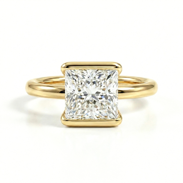 1.02 Carat Princess Cut Lab Diamond Ring in 14K Gold Half Bezel Solitaire Setting Front View