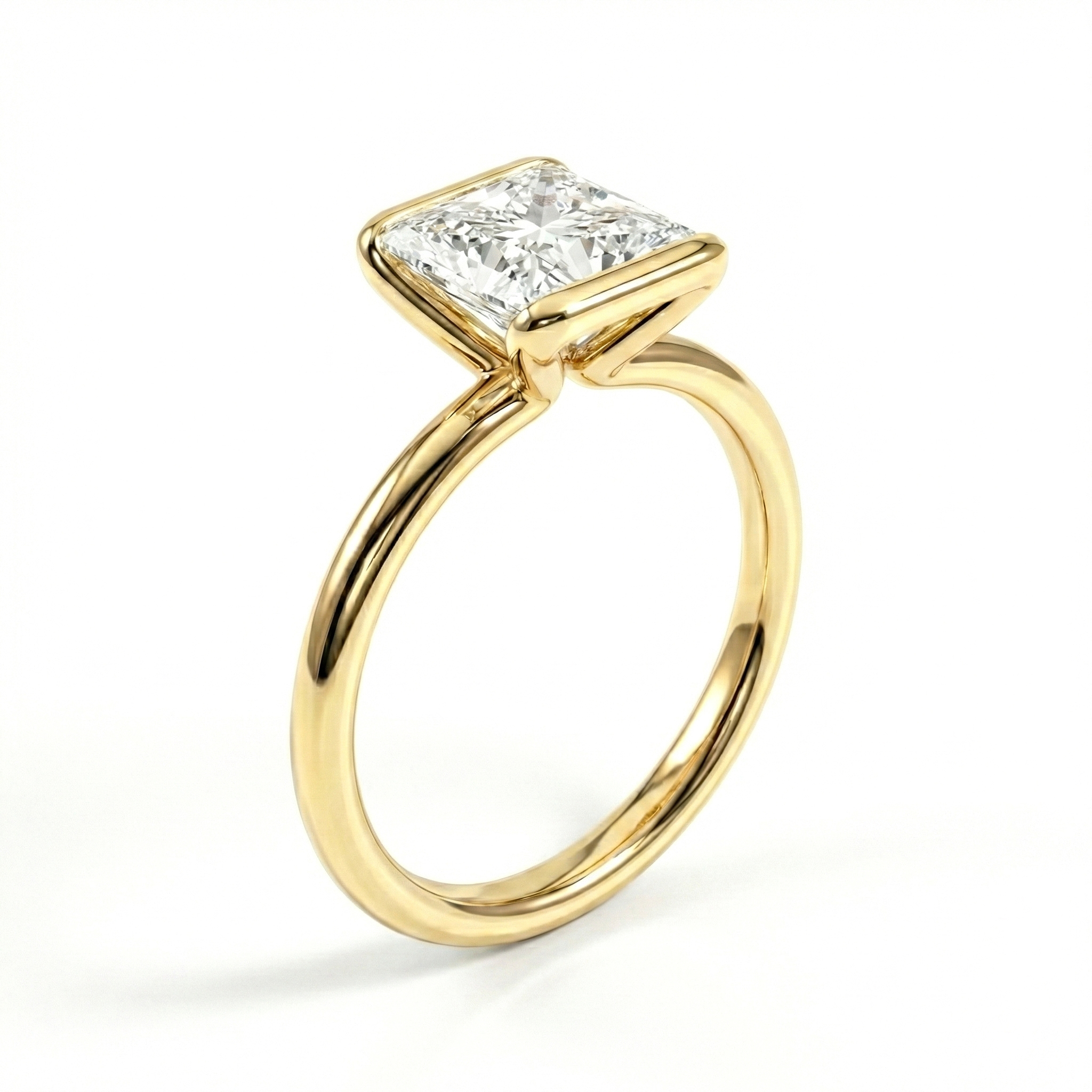 Angled View of Modern Princess Cut Engagement Ring 14K Yellow Gold Half Bezel Design