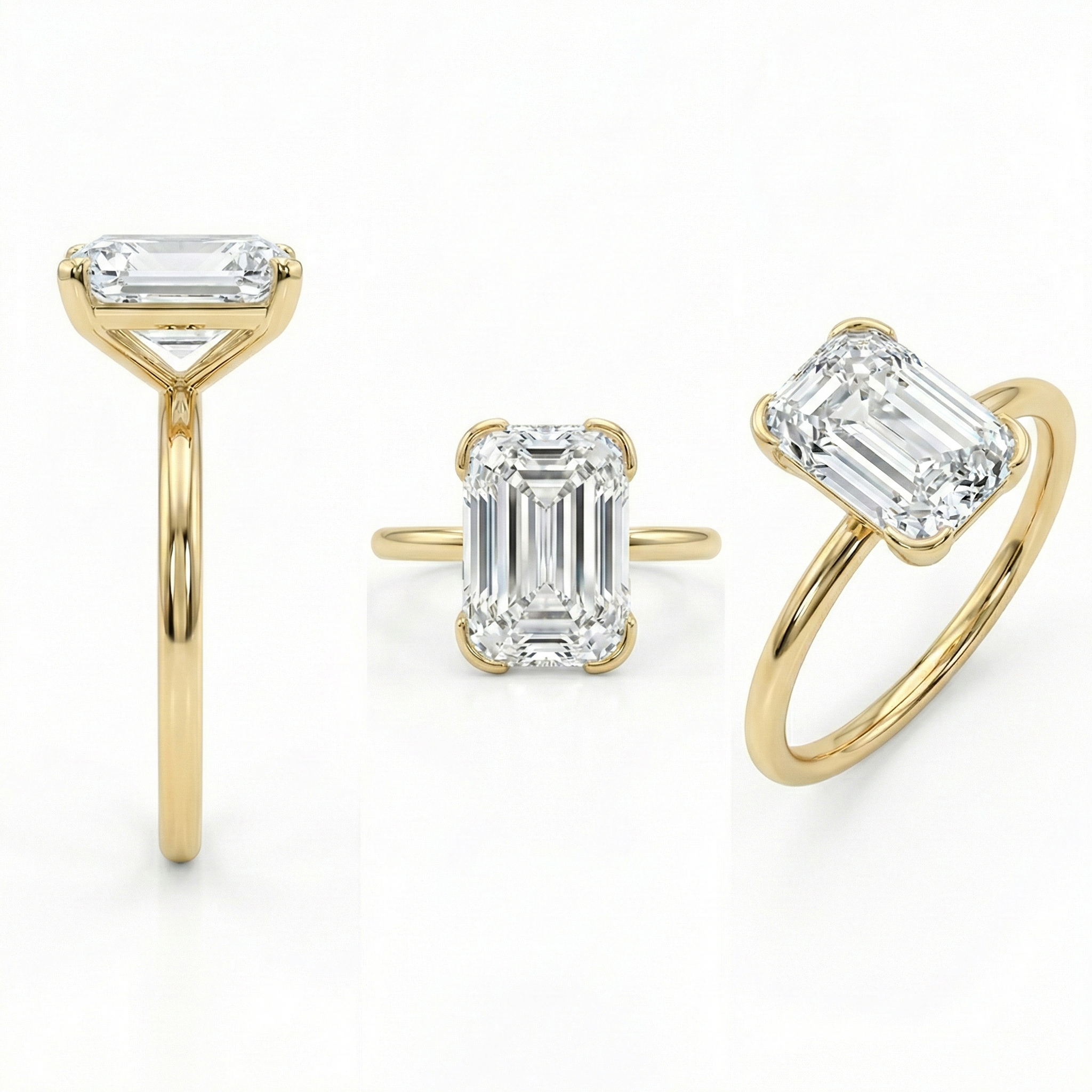 Profile of modern 14K gold half-bezel setting securely wrapping an elongated modified cushion lab-created diamond.