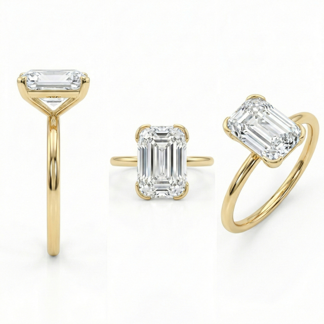 Profile of modern 14K gold half-bezel setting securely wrapping an elongated modified cushion lab-created diamond.