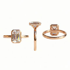 3D render of 2 carat emerald cut lab grown diamond bezel engagement ring in 14K gold showing hidden halo