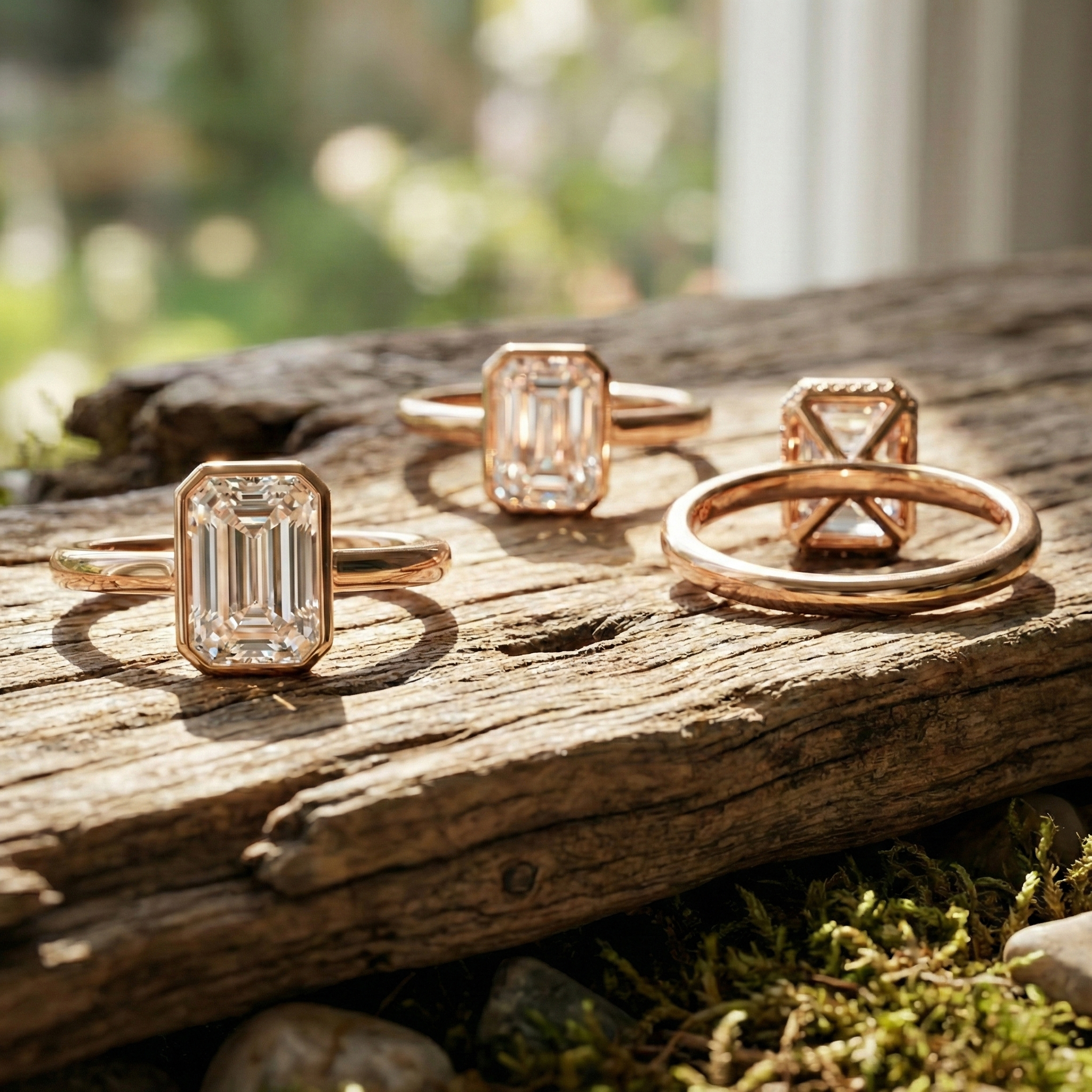 Lifestyle view of emerald cut bezel set lab diamond rings showing open gallery and hidden halo on wood
