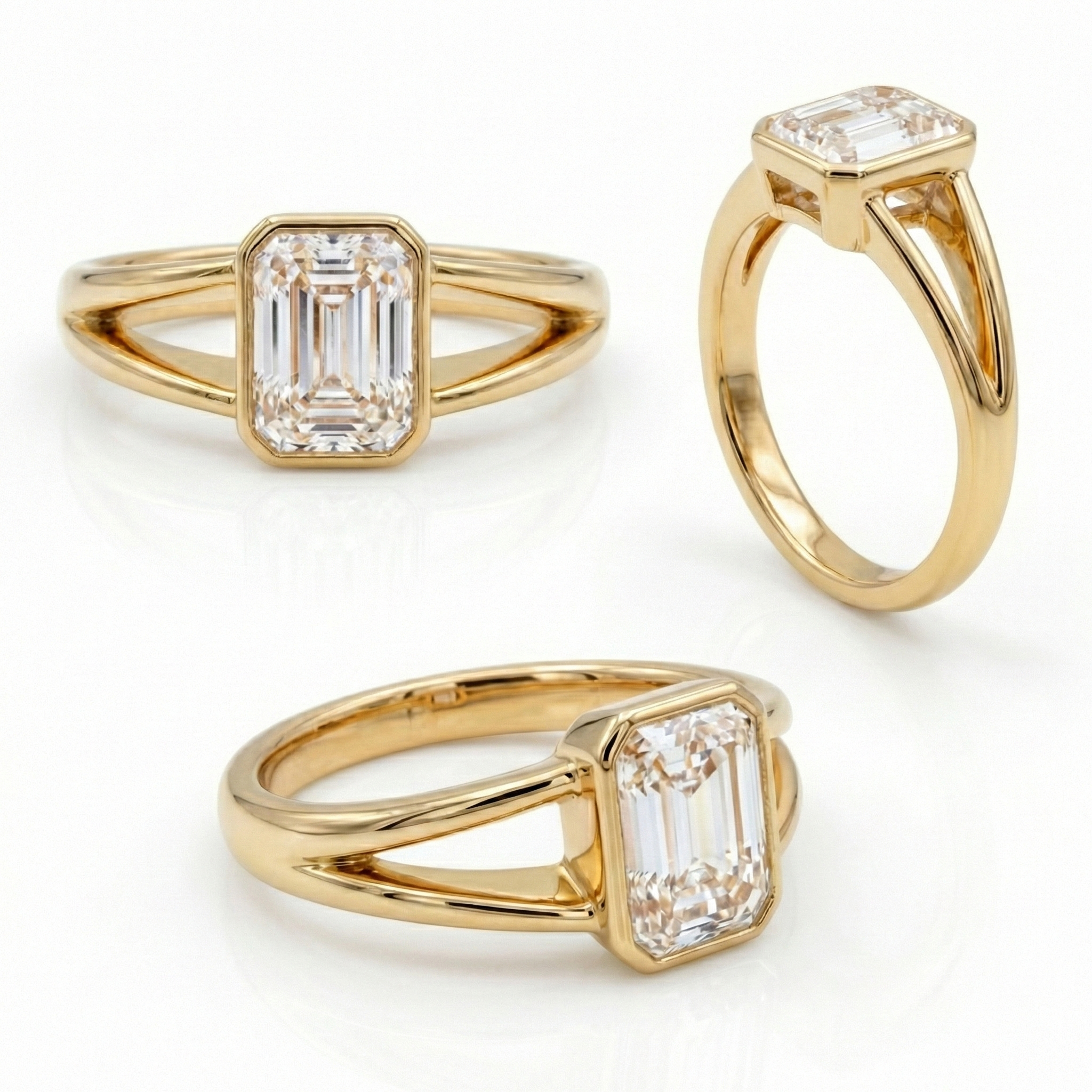 Multiple angles of a 2-carat emerald cut bezel set lab diamond ring, demonstrating the secure setting and split band design.