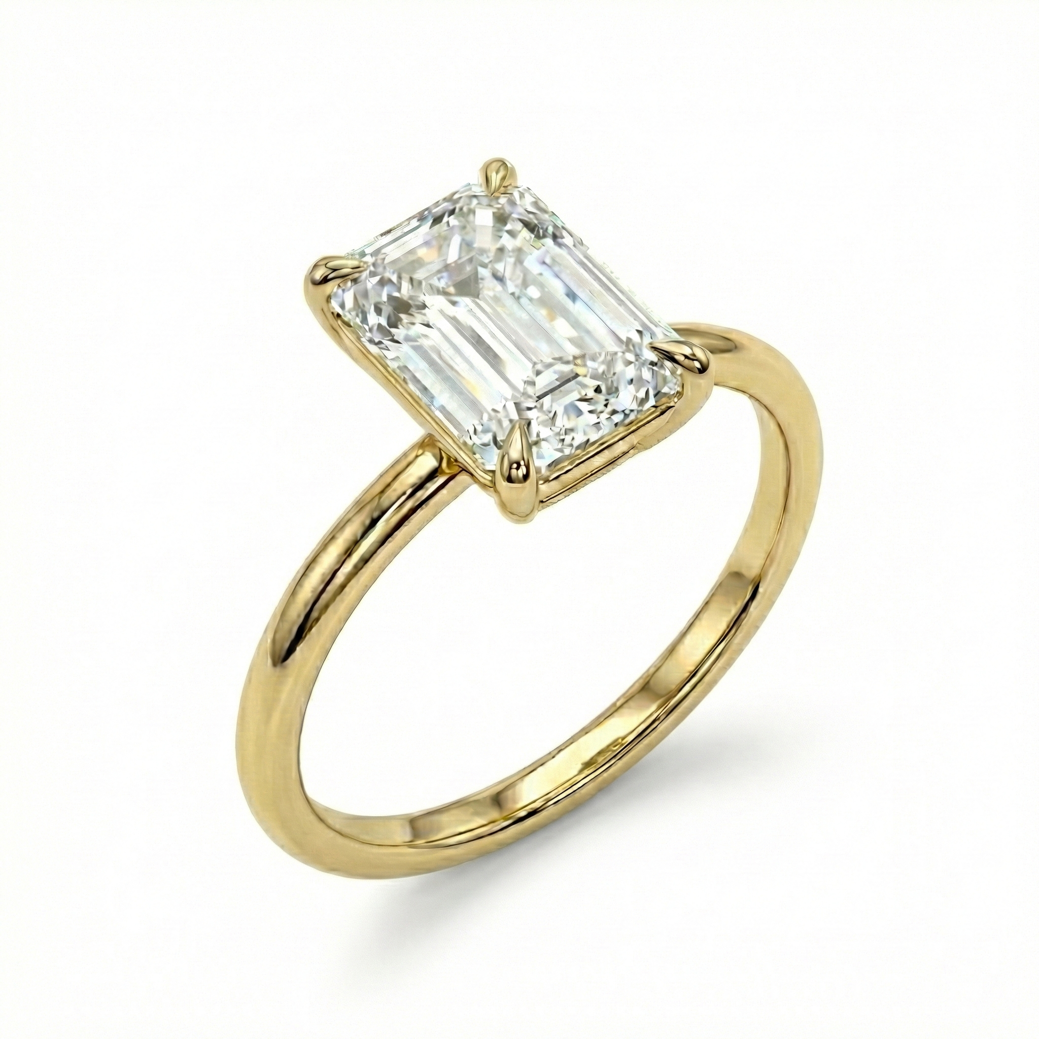Front profile of a bespoke 4-carat emerald cut lab-grown diamond engagement ring set in 14K yellow gold, showcasing the hall of mirrors effect.