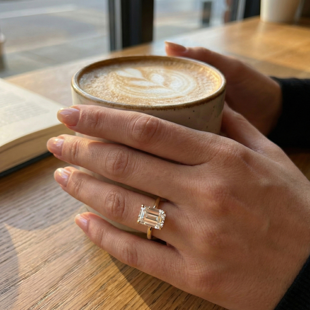Lifestyle view of a luxurious 4-carat emerald cut lab-grown diamond ring worn on a hand holding a coffee cup, demonstrating the elongating effect of the step-cut stone.